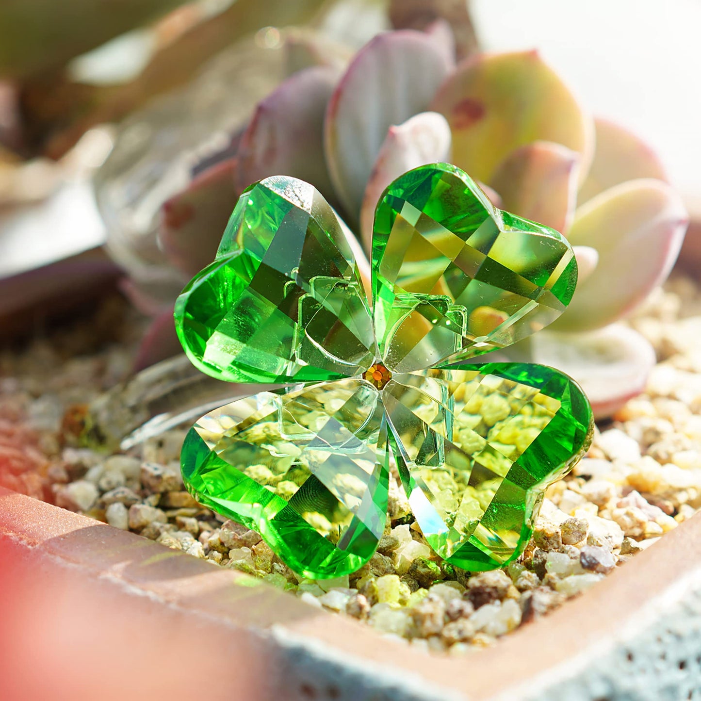 Hdcrystalgifts Crystal Flower Dreams Four-Leaf Clover Figurine Collectibles Green Crystal Glass Statue Ornament Lucky St Patricks Day Gift For Women Car Table Shelf Decorations,Green