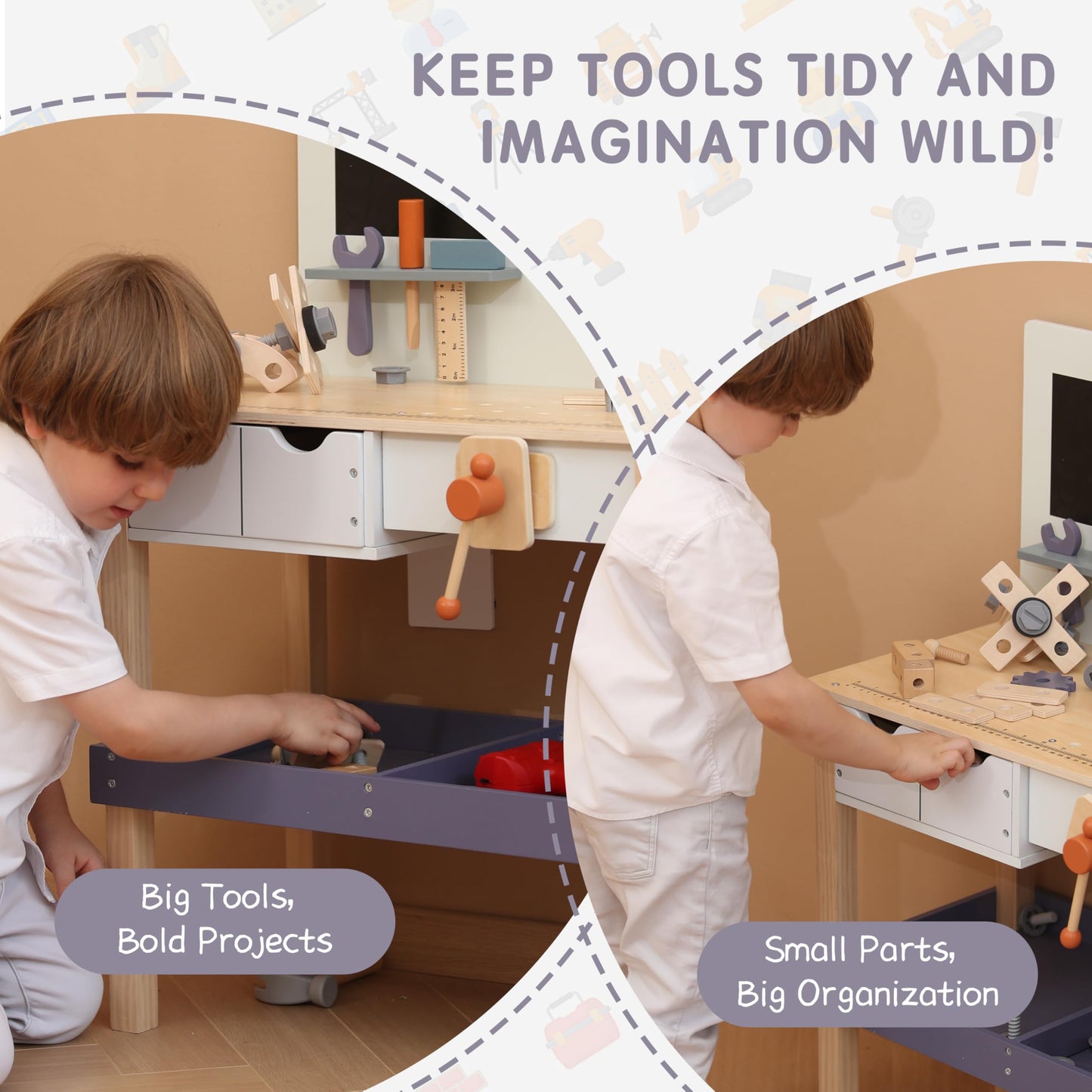Wooden Kids Tool Bench with Electric Drill, Toddler Tool Bench with Storage Drawers and Platform, Toy Workbench Workshop with Pl