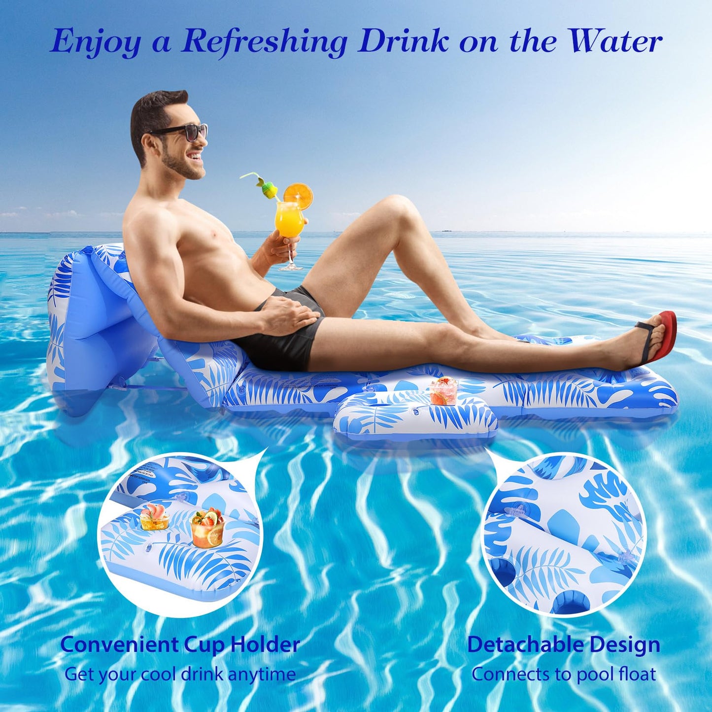 MoKo Inflatable Pool Floats mature-themed - Pool Floaties Lounger Floats Floating Chair Raft with Adjustable Backrest Cup Holders Water Floaty Lake Lounge Sun Tanning Float Beach Party Blue Leaf