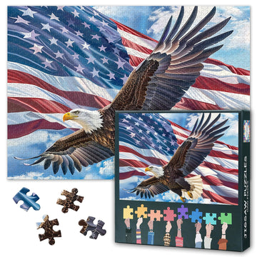 US American Flag Puzzles A Majestic Bald Eagle is Soaring in The Sky Picture Puzzle Power and Freedom Paintings Puzzles Modern mature-themeds Jigsaw Puzzle 1000 Pieces Bald Eagle