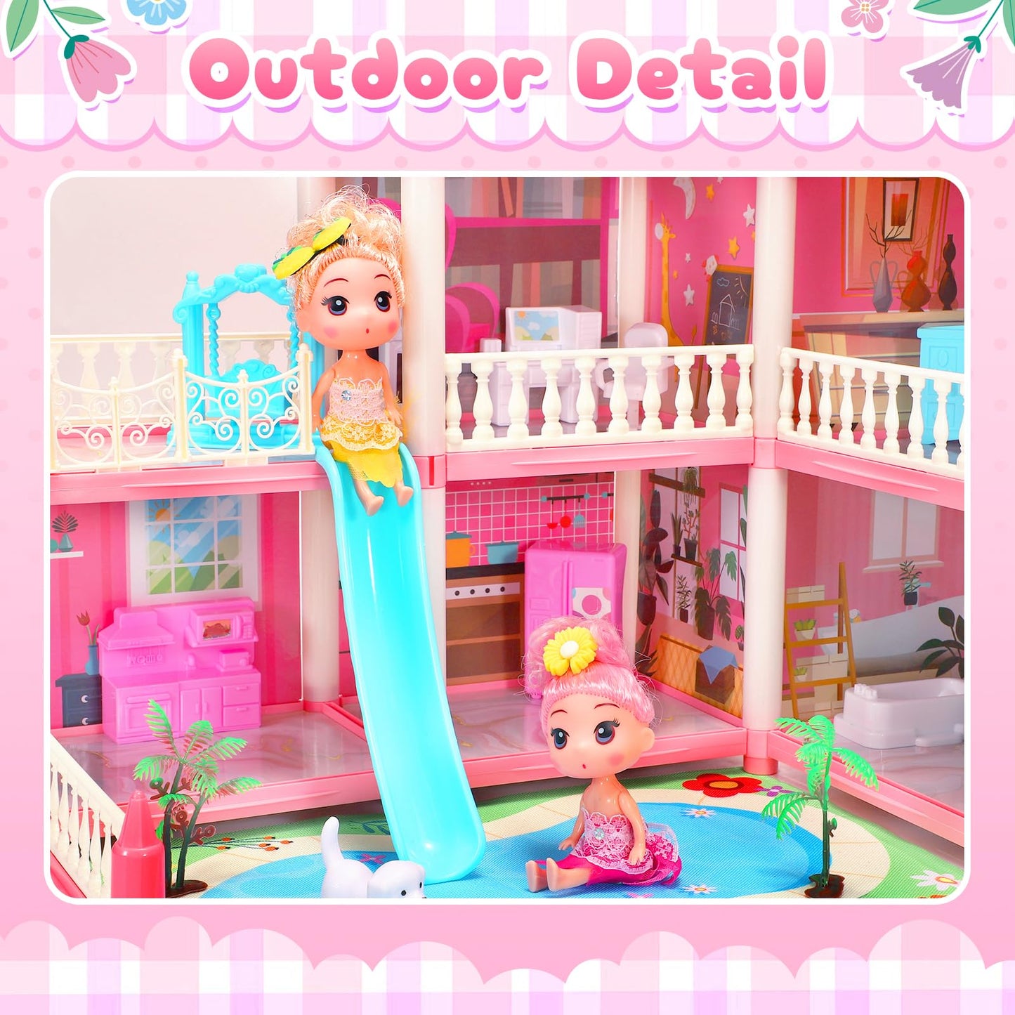 Amidear Dollhouse With 4-Story 11 Rooms, Dream Gift Princess Doll House Playset With Furniture Pool Slide, Pink Toddler Toy Hous