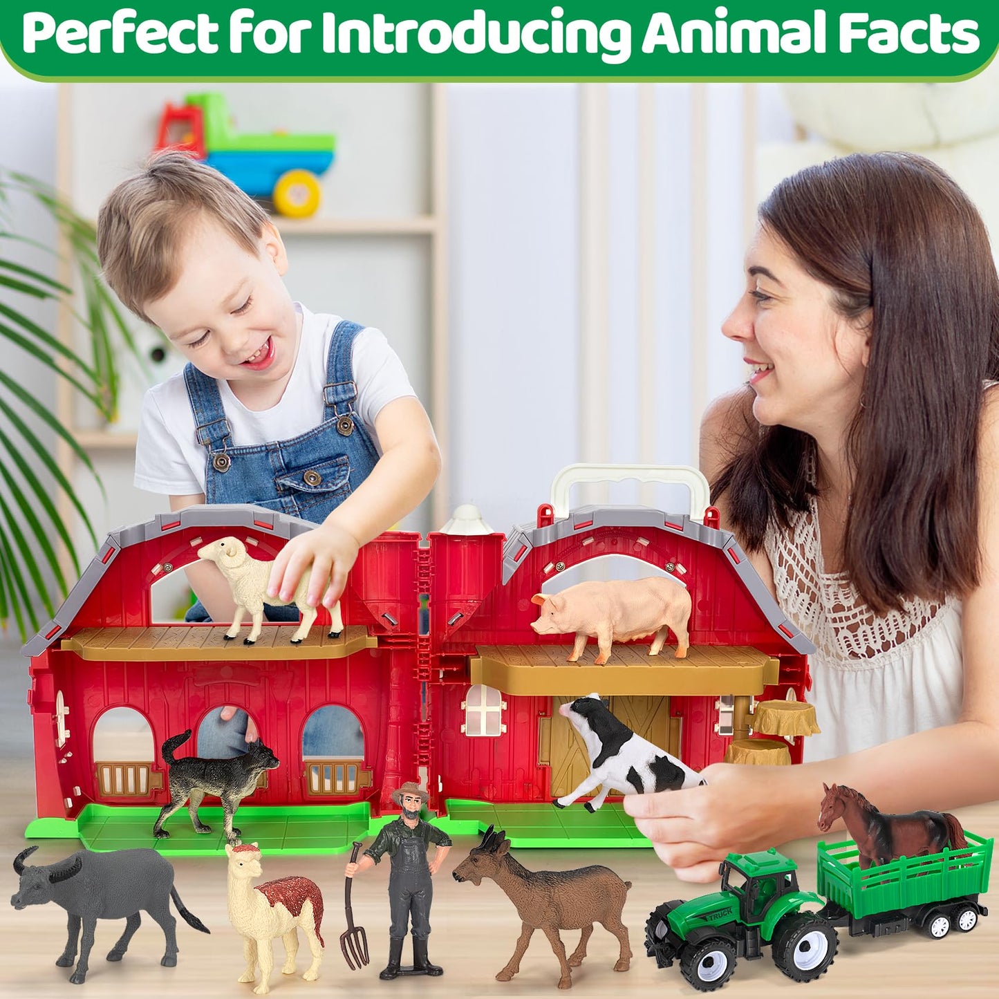 Farm Animals Toys For 1 2 3 4 5 Year Old Toddlers Girls Boys, Big Red Barn Farm With Figures Animals And Tractor Toy For Kids, Farm Playset Educational Learning Toys, Ideal Christmas Birthday Gifts