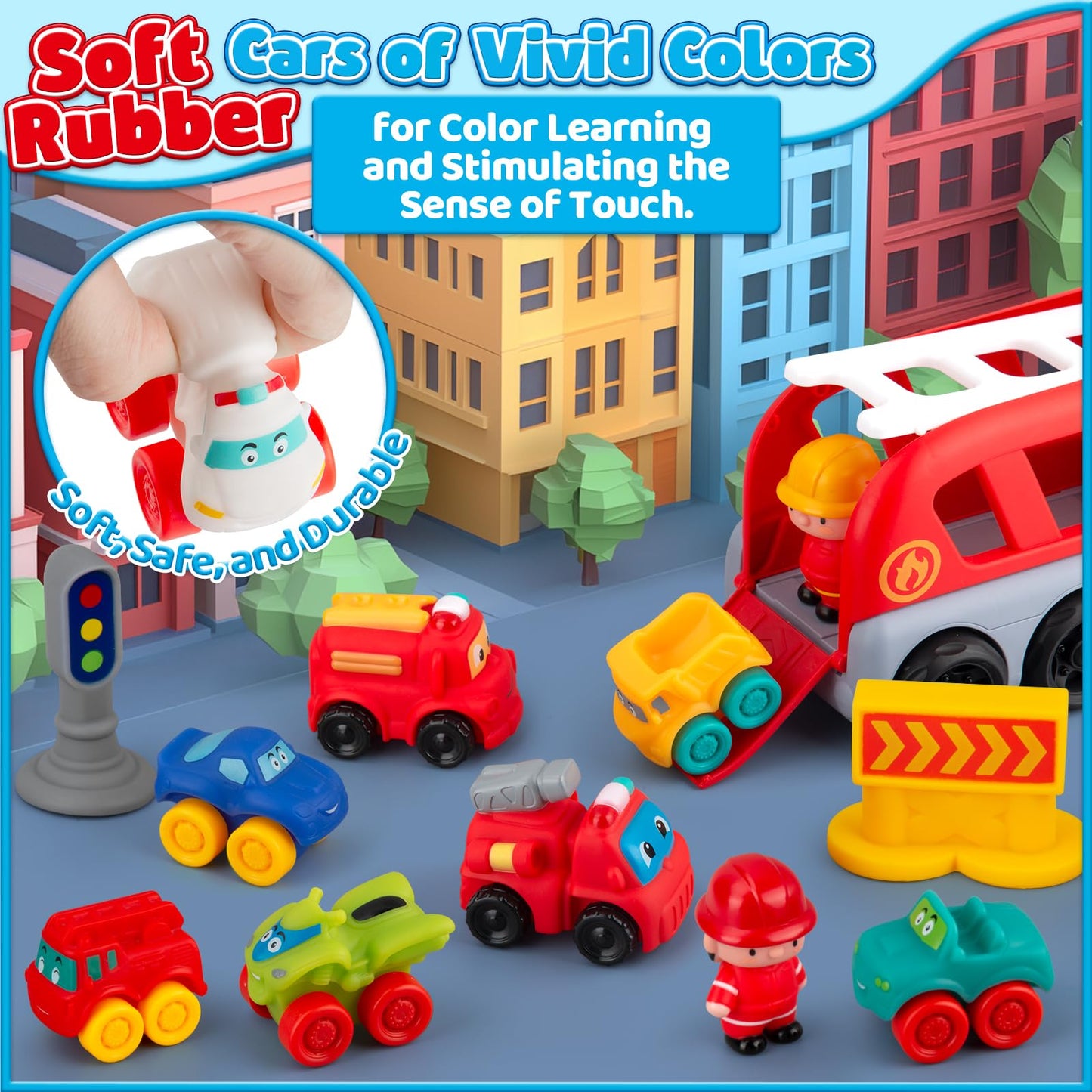 Bessome Soft Rubber Cars Toy For 1 Year Old Boy 13 Pcs Cartoon Cars With Trailor Baby Toys For 12-18 Months|Toddler Toys Age 1-2