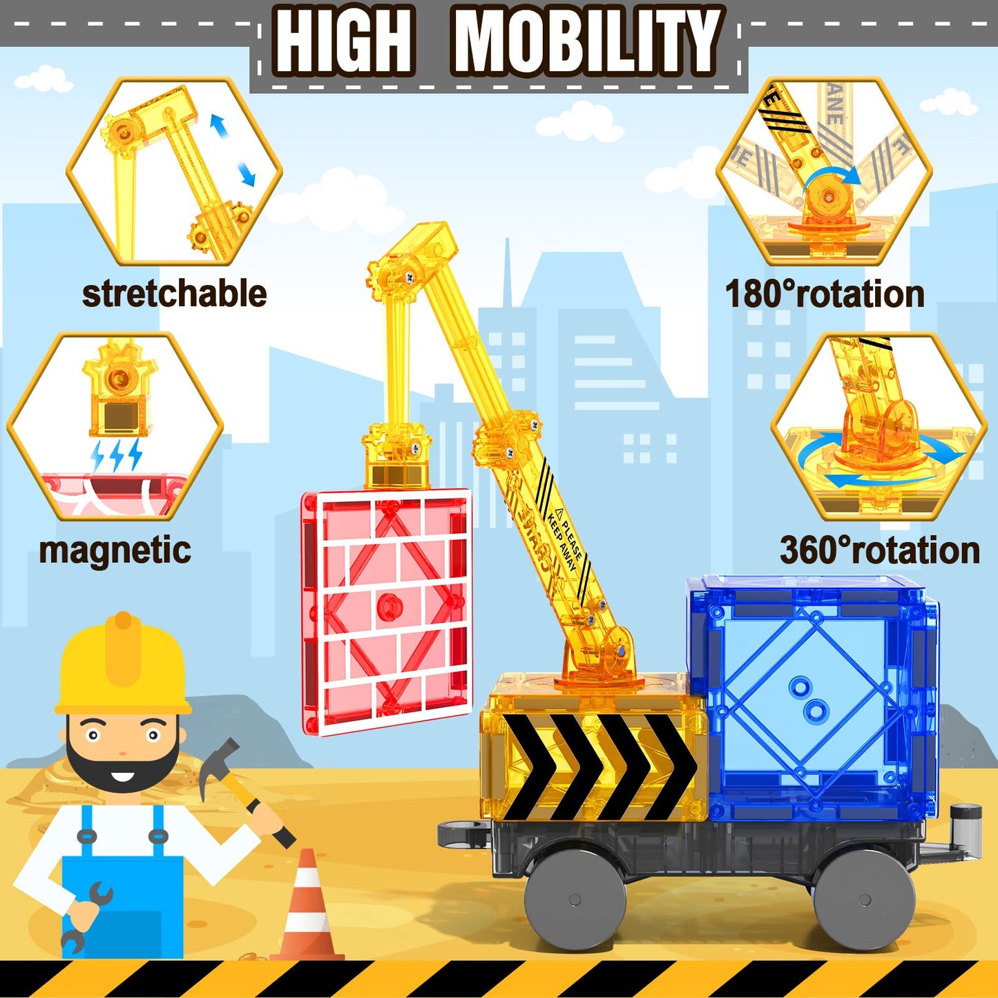 Igivi Magnetic Tiles Road Set With Magnet Crane Car Toys, Construction Toys For Kids Ages 3-5 4-8 5-7, Creative Magnetic Building Blocks Toddler Toys, Gifts For 3+ Year Old Boys & Girls