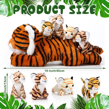 Threan 5 Pcs Tiger Stuffed Animals Plush Toy Set 16 Inch Stuffed Mommy Tiger With 4 Baby Cubs In Zippered Belly Cuddly Plushies For Kids Boys Girls Birthday Gifts Forest Party Favor Decors(Cute)