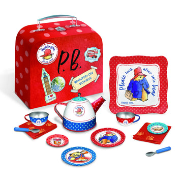 YOTTOY 14-Piece Paddington Bear Tin Tea Set with Illustrations & Sturdy Carrying Case - Perfect Kids' Gift for Tea Parties
