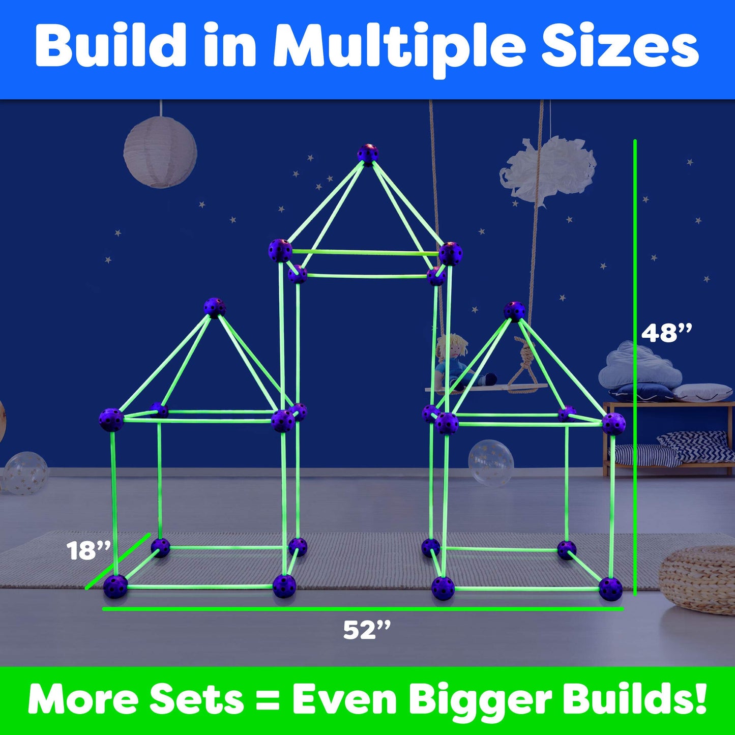 Fun Forts Glow Fort Building Kit For Kids - 81 Pack Glow In The Dark Stem Building Toys Indoor Outdoor Play Tent For Kids Construction Toys With 53 Rods And 28 Spheres