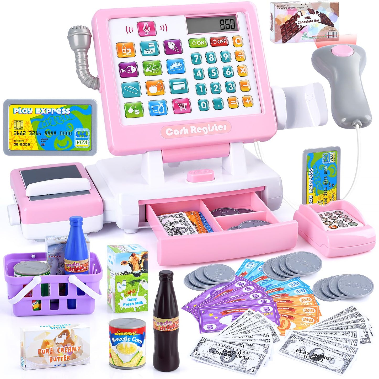 PLAY Kids Cash Register Toy - Pretend Play Calculator with Microphone, Conveyors, Play Money, Scanner, Credit Card, Cans, Drink