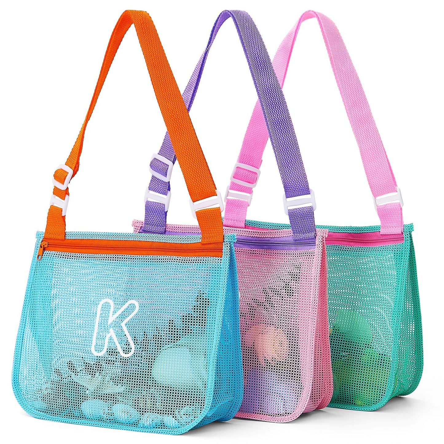 3Pcs Alphabet Printed Seashell Bags, Lightweight & Foldable Kids Beach Toy Mesh Bags with Adjustable Straps, Portable for Pool a