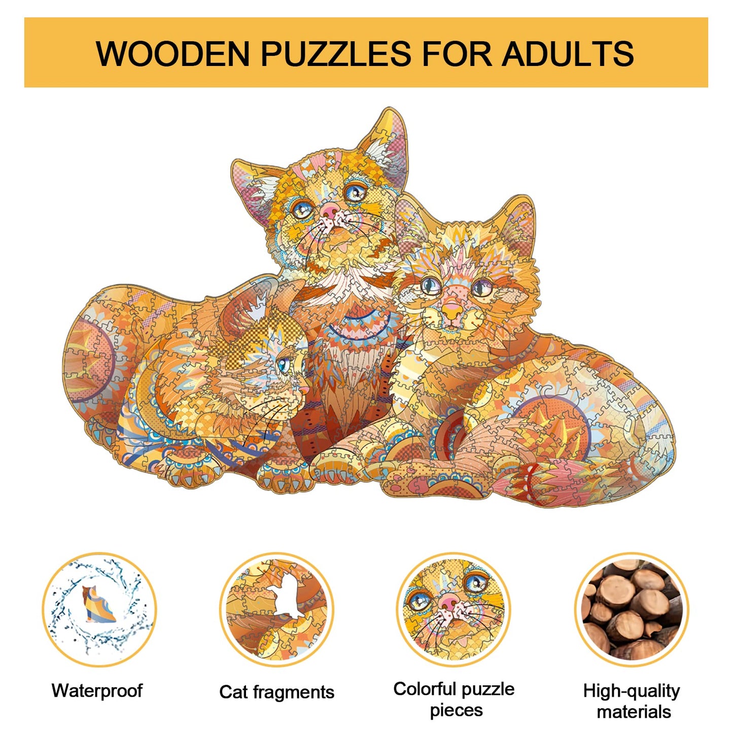 Nktdwo Jigsaw Puzzles, Orange Cat Wooden Puzzles For Adults And Kids, 300 Pcs Brain Teaser Puzzles Gift For Birthday Holiday Val