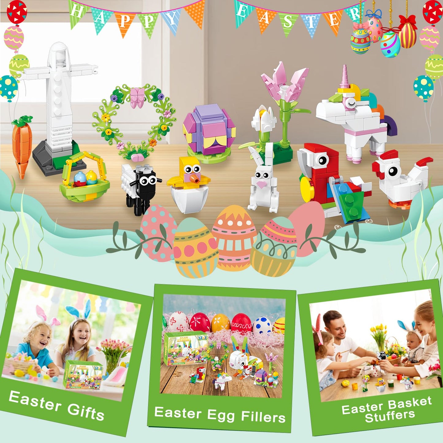 12Pcs Easter Egg Fillers Building Kits, Easter Rabbit 12 In 1 Building Blocks Set, Easter Bricks Toy Gift Easter Egg Fillers, Ea