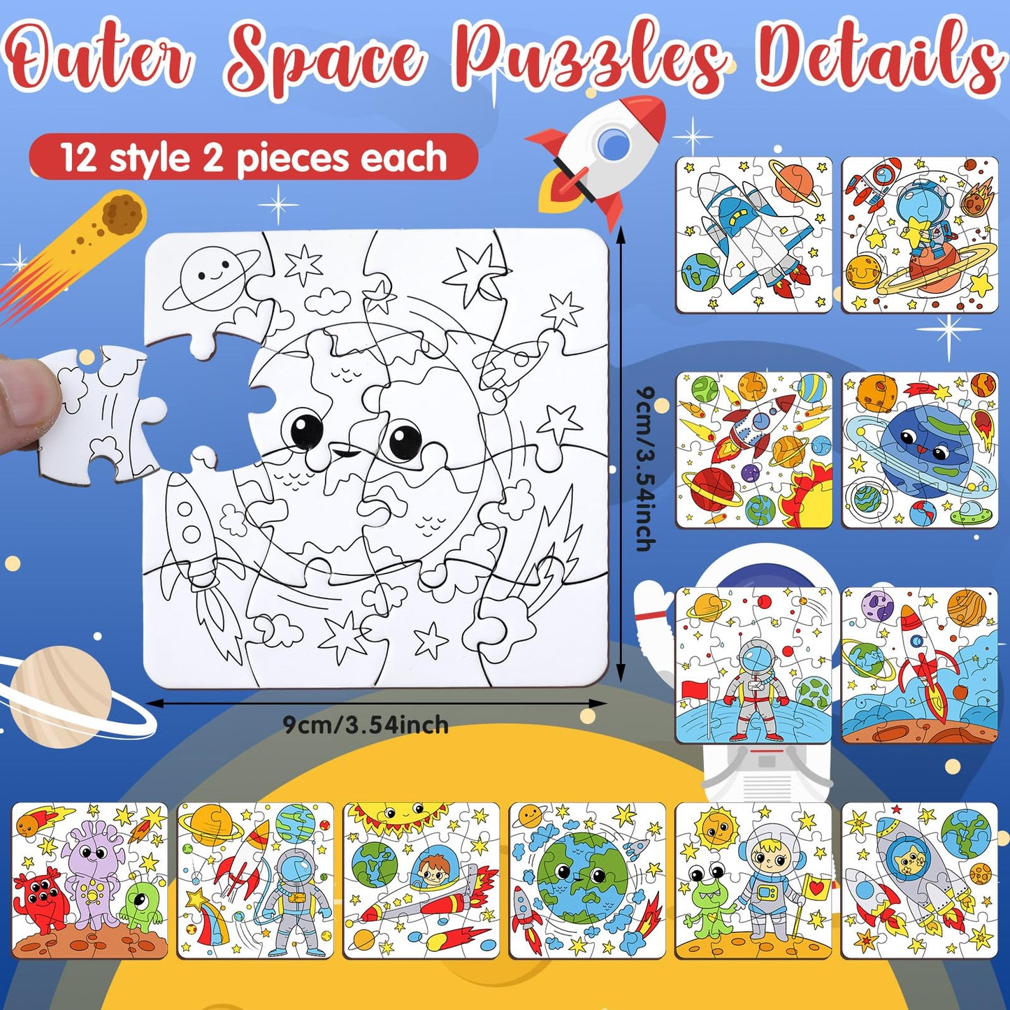 Realspring 24 Pack Outer Space Color Your Own Jigsaw Puzzles for Kids 3-5, 4-6, 6-8, Coloring Crafts DIY Paper Puzzles Party Fav