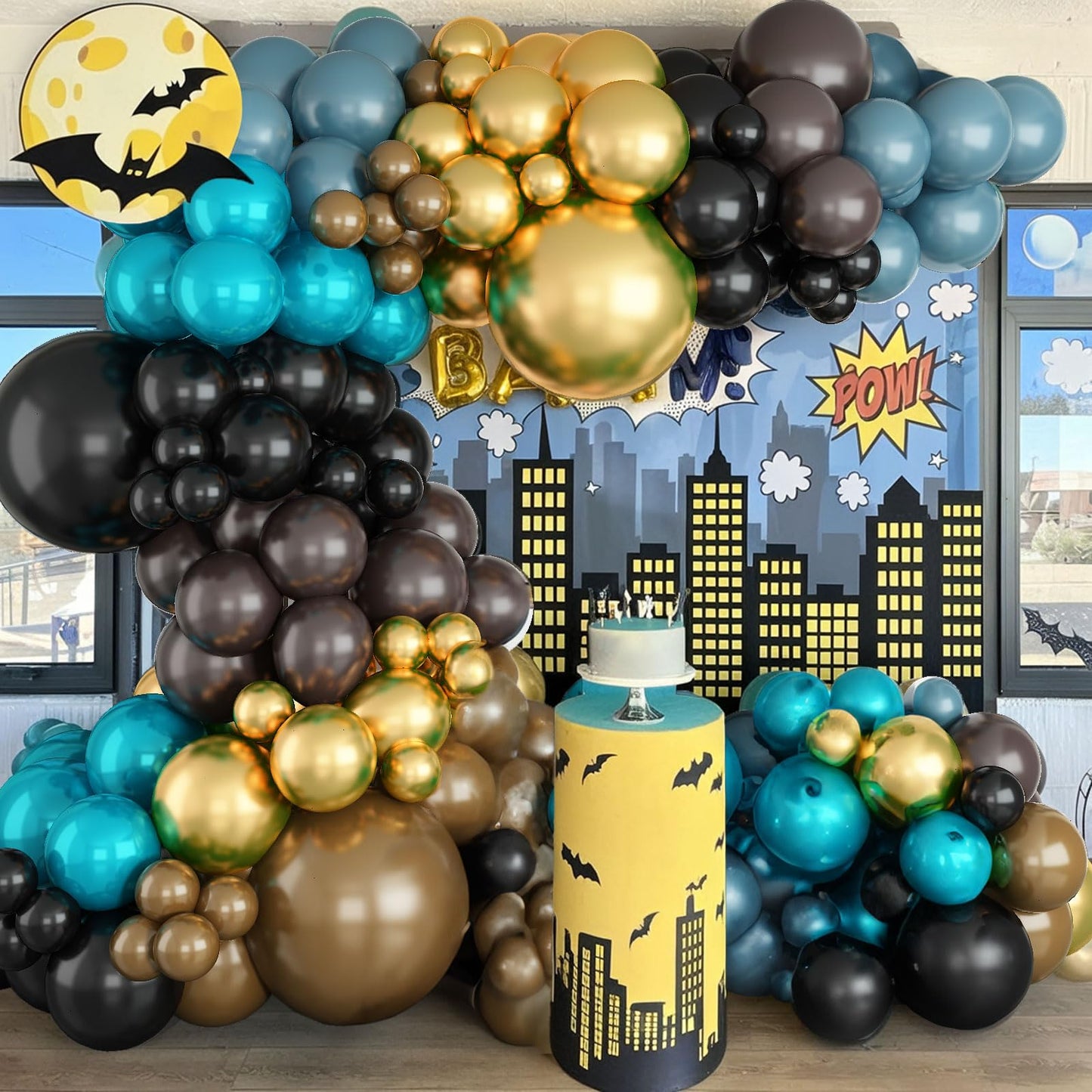 110 Pcs Teal Black And Gold Balloon Garland Kit, Turquoise Tan Dusty Blue Gold Balloons Different Size, Metallic Chrome Latex Ma