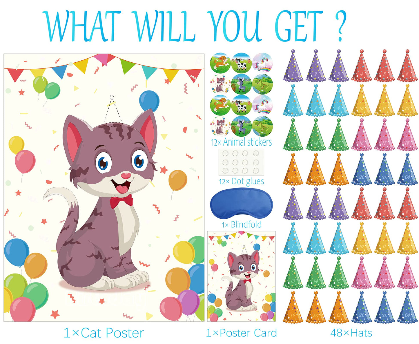 Morcheiong Pin The Tail On The Cat Birthday Party Game With 48 Hats, Cat Themed Birthday Party Favors Supplies Decorations For Kids