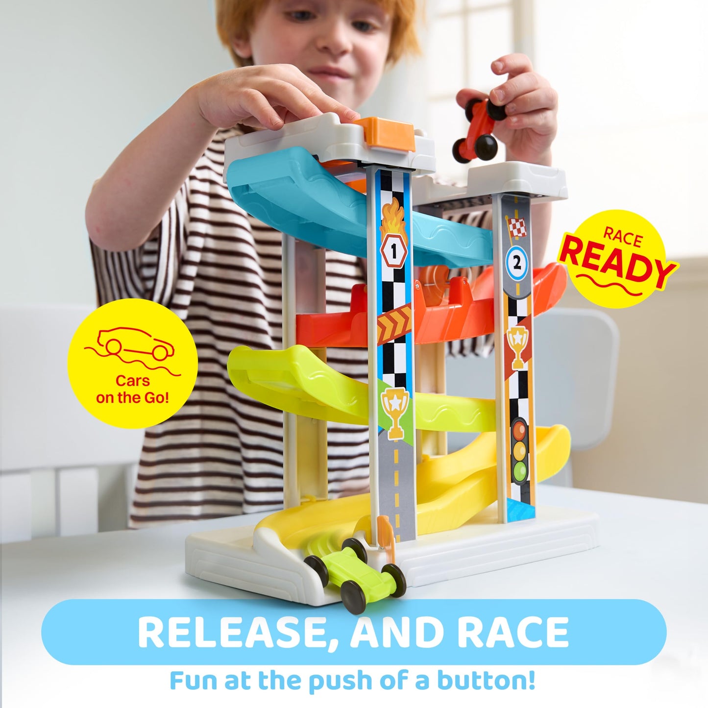 Toddler Toy For Babies Age 18M+, 4-Layer Car Ramp Race Track With 4 Cars, Multiple Parking Spaces And Button Trigger Start, Birt