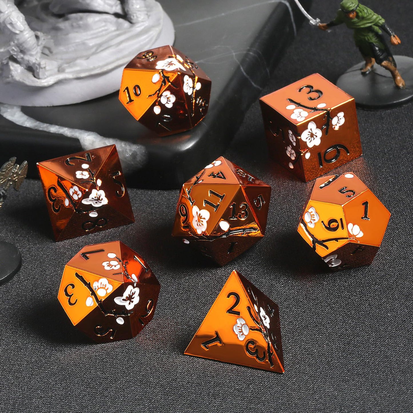 Orange Metal Dice D&D, DNDND 7 PCS Heavy Metallic DND Dice Set with Grogeous Gift Case for Dungeons and Dragon Tabletop Game (Or