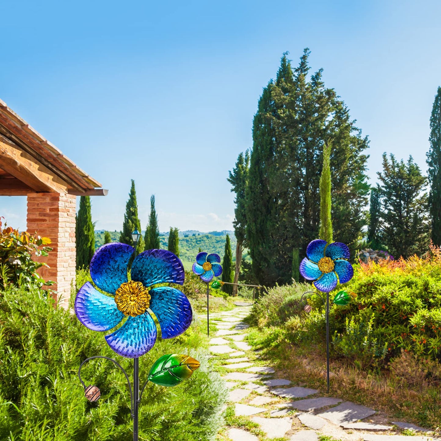 Viveta 2 Pack Wind Spinners With Metal Stake, 28.7 Inches Outdoor Garden Pinwheels Spinners Blue Flower Shape Design For Yard La