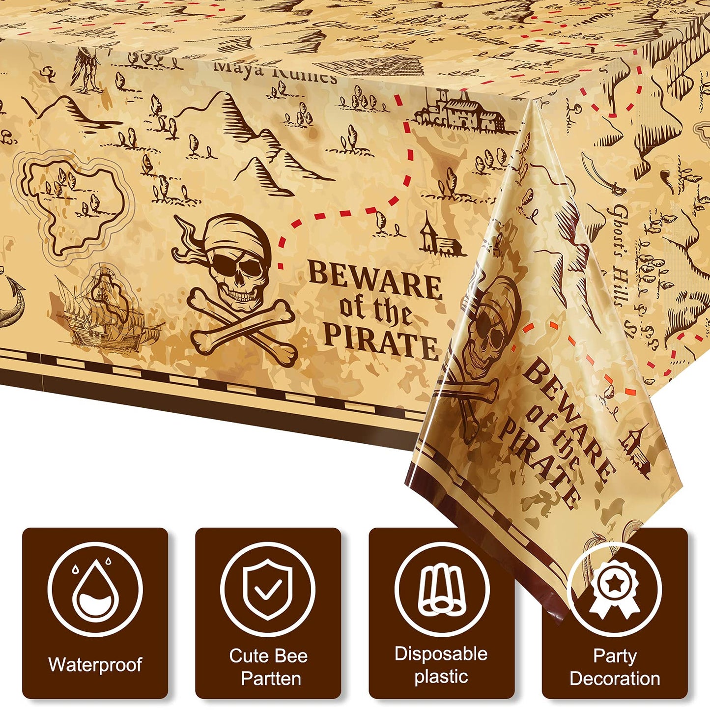 Irenare Pirate Party Tablecloth Treasure Map Tablecover Plastic Island Treasure Table Covers Pirate Nautical Supplies For Pirate Theme Birthday Party Decoration, 54 X 108 Inches(6 Pieces)