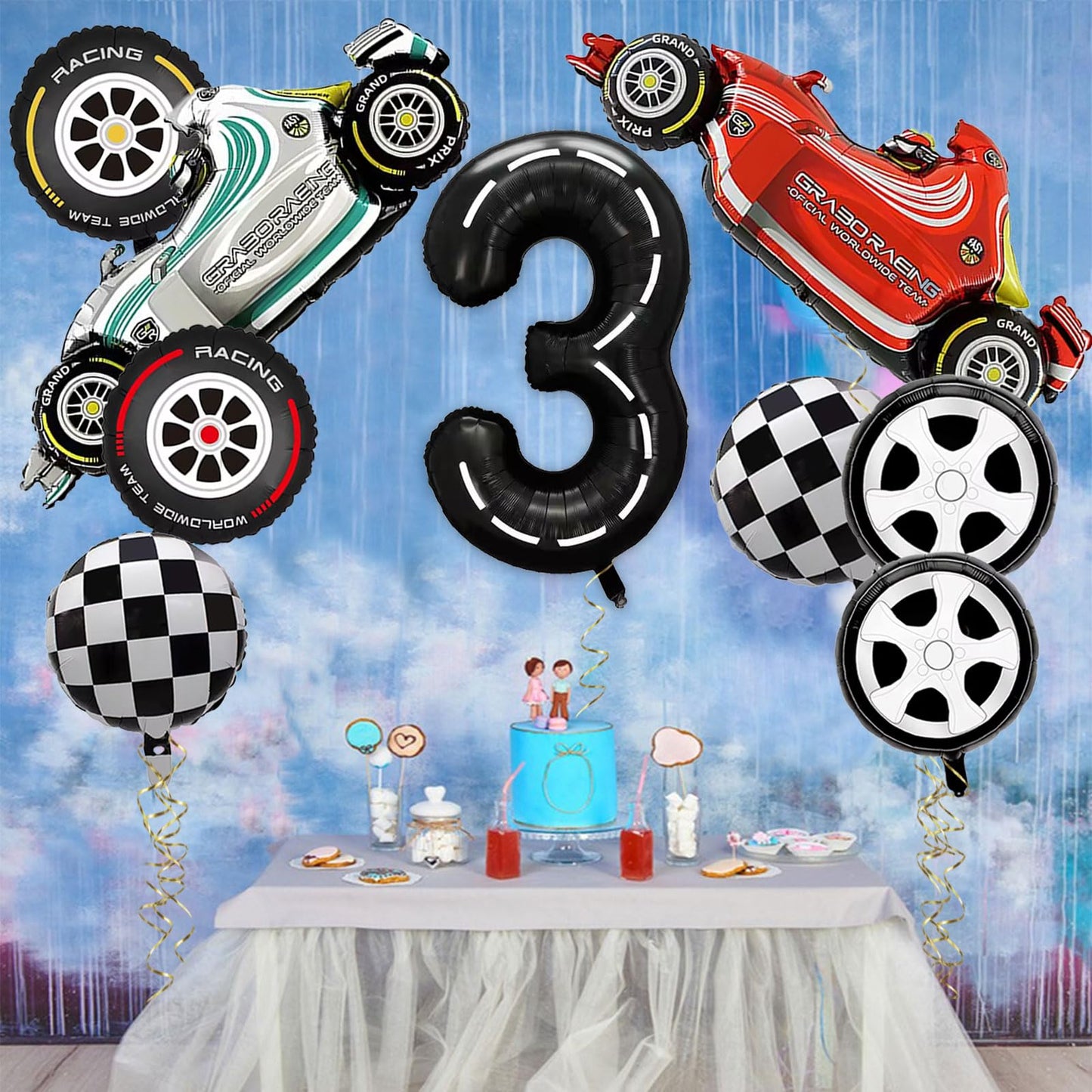 Number 3 Race Car Balloons, 43 Inch Race Car Party Decorations, Wheel Tire Balloons, Black And White Checkered Foil Balloons, Ca