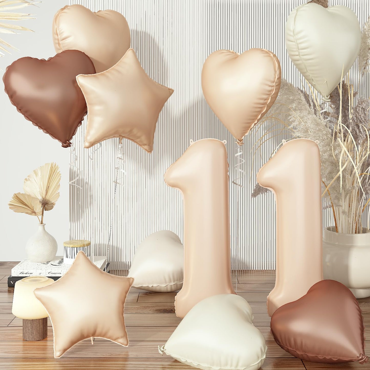 Nude 11 Balloons Set, 40 Inch Retro Apricot Foil Number 11 Balloon Decor, Neutral Heart Balloon Brown Tan Taupe Star Helium Hear