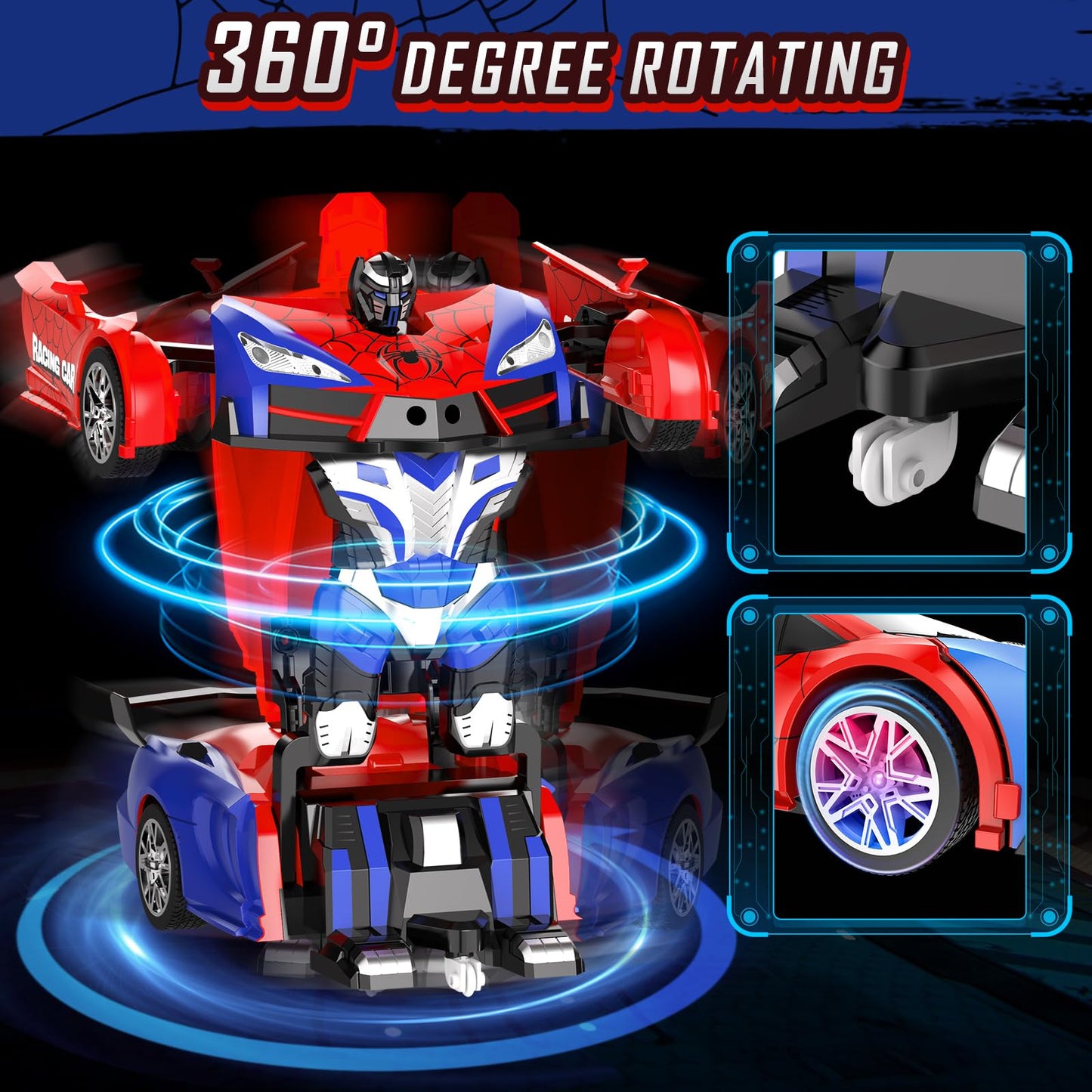 Febyhim Spider Remote Control Car for Boys 4-7, 2.4GHz RC Car 1:18 Scale, One-Button Transforming Toy with 360 Spins, LED Lights