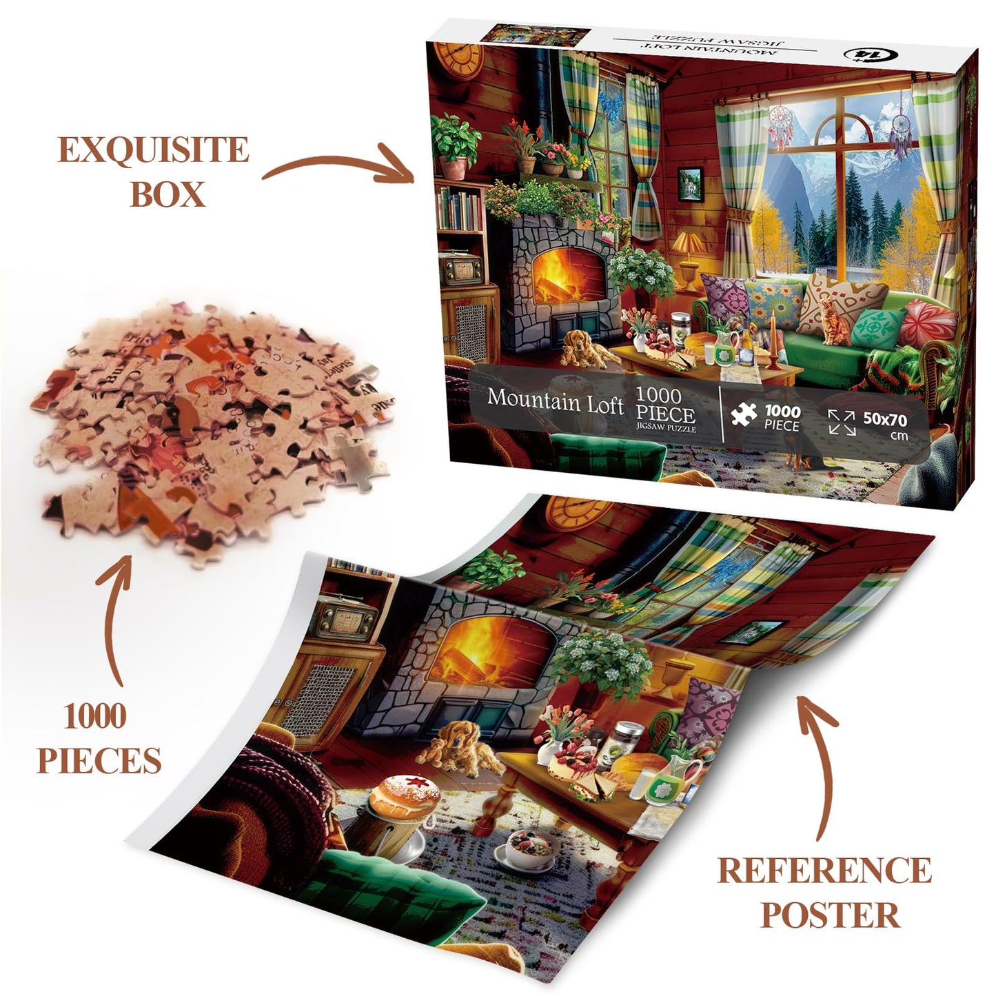 Cozy Cabin Winter Scene Puzzle 1000 Piece For Adults, Book Cozytime Jigsaw Puzzle Coffee Table, Dog Cat Puzzle