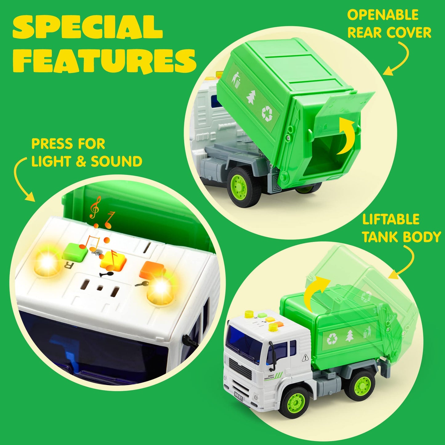 JOYIN 4 Pcs 7'' Long Vehicle Toy Set, Toddlers Cars with Lights and Siren Sound, Including Play Police Car, School Bus, Toy Garb