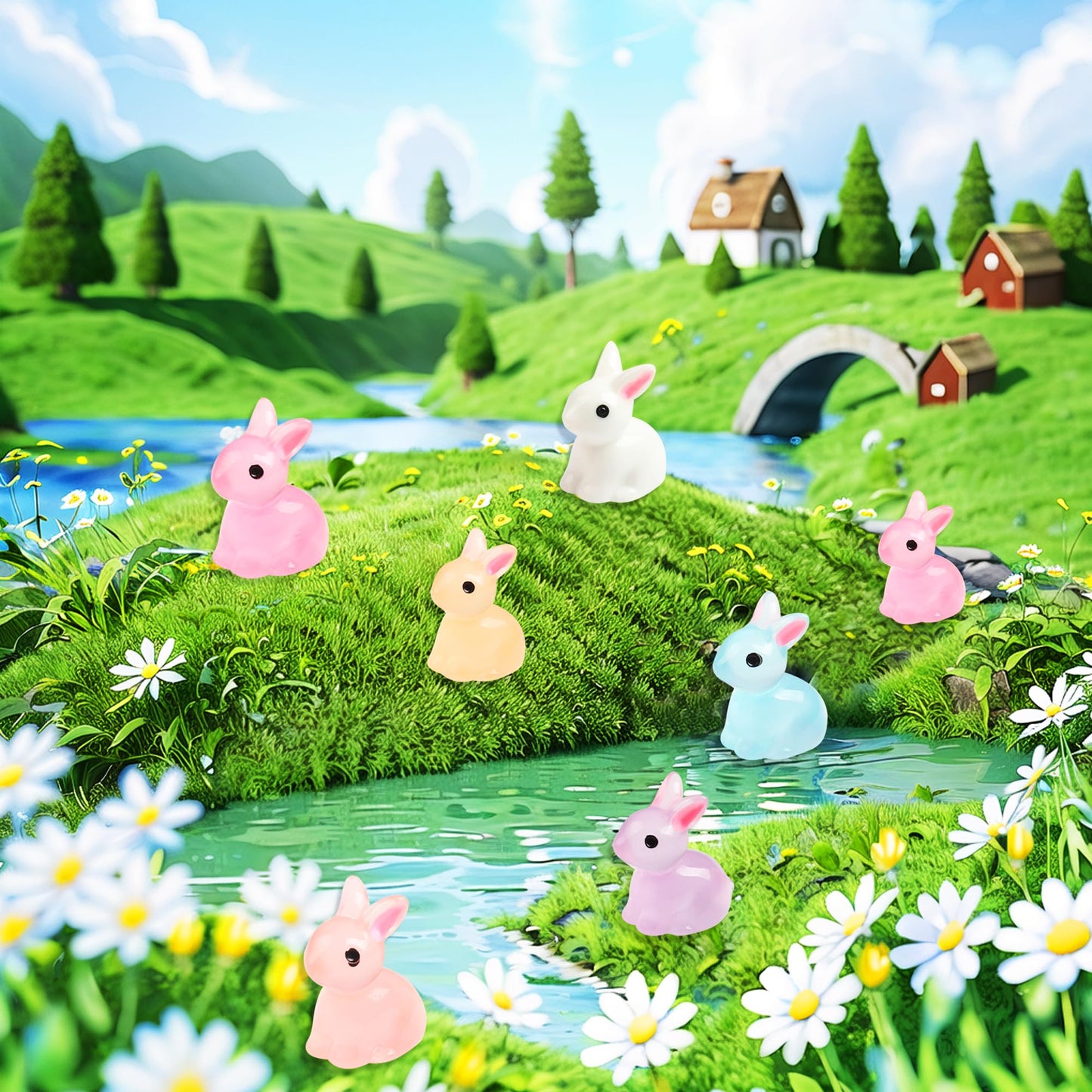 60 Pcs Easter Mini Resin Rabbit 6 Colors Luminous Miniature Bunny in The Dark Fairy Garden Accessories for Garden Landscape, Dol