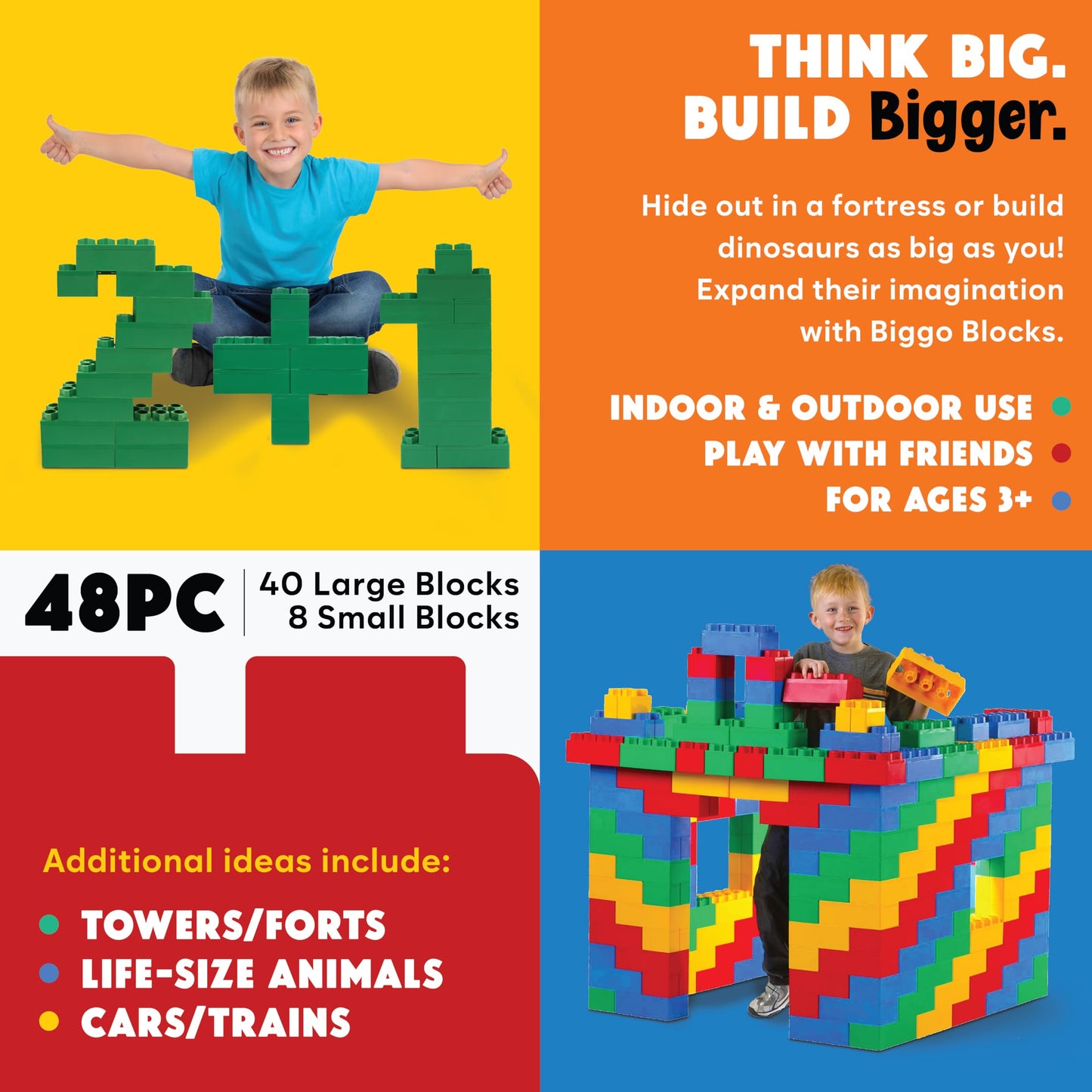 Big Blocks For Kids Ages 4-8 - Indoor & Outdoor Blocks Kids Games - Green Large Building Blocks - 48Pc