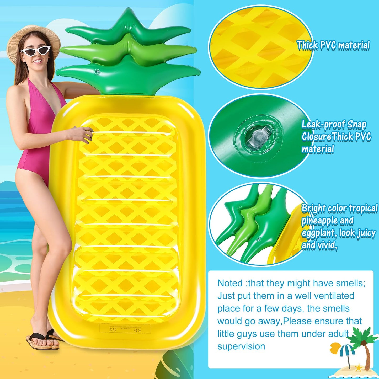 Libima 2 Pcs Giant Pool Floats Large Fruit Food Float Inflatable Pineapple Eggplant Watermelon Ice Lolly Cupcake Pizza Hot Dog F