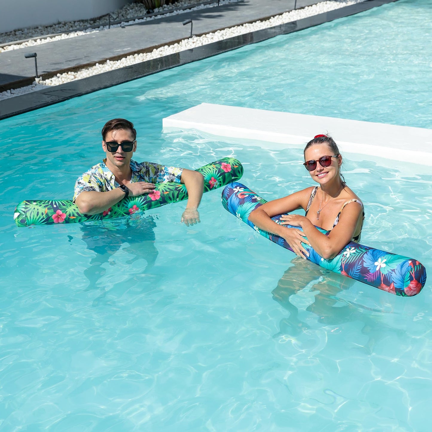 Finduwill 2 Pack Inflatable Swim Pool Noodles - Soft Fabric Covered Large Swim Noodles, Premium Buoyancy For Swimming Floating,
