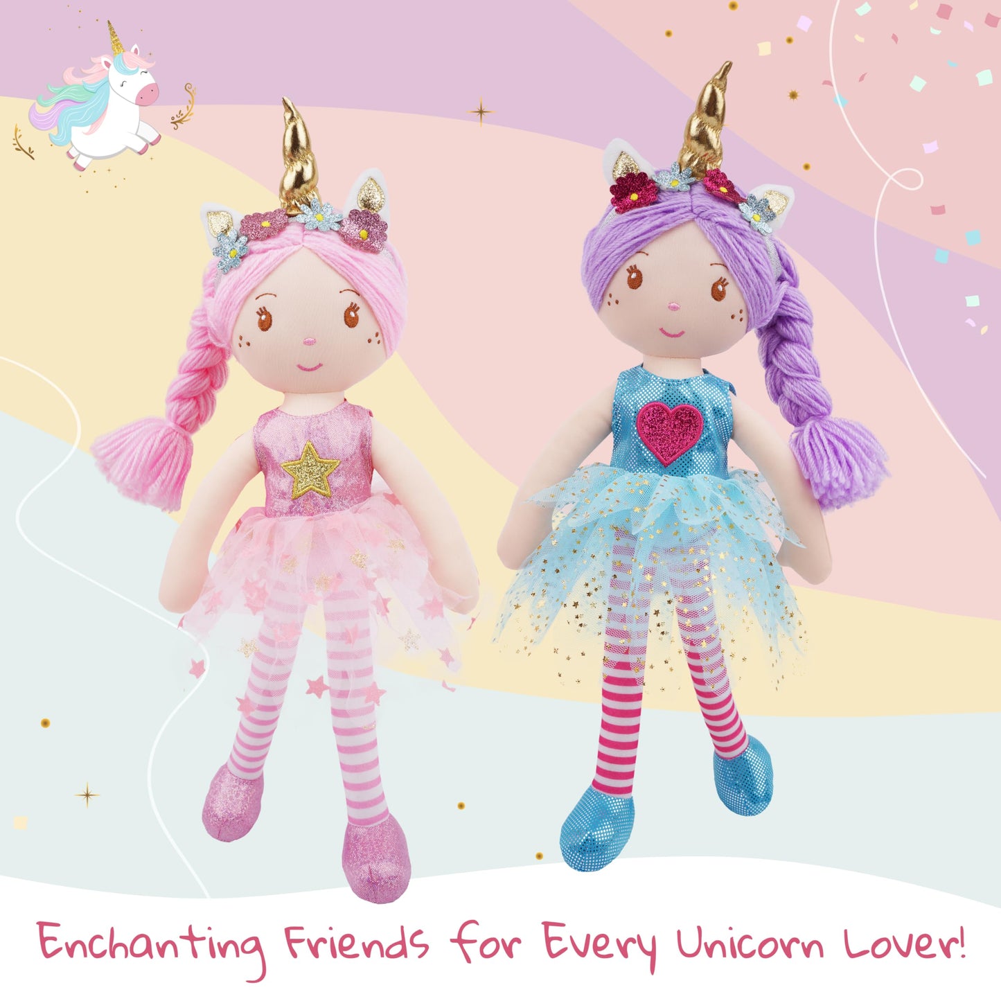 June Garden 16'' Unicorn Doll Myra - Purple Hair Plush Rag Doll For Toddler Girls - Soft Companion Gift For 2+ Years - Blue Dres