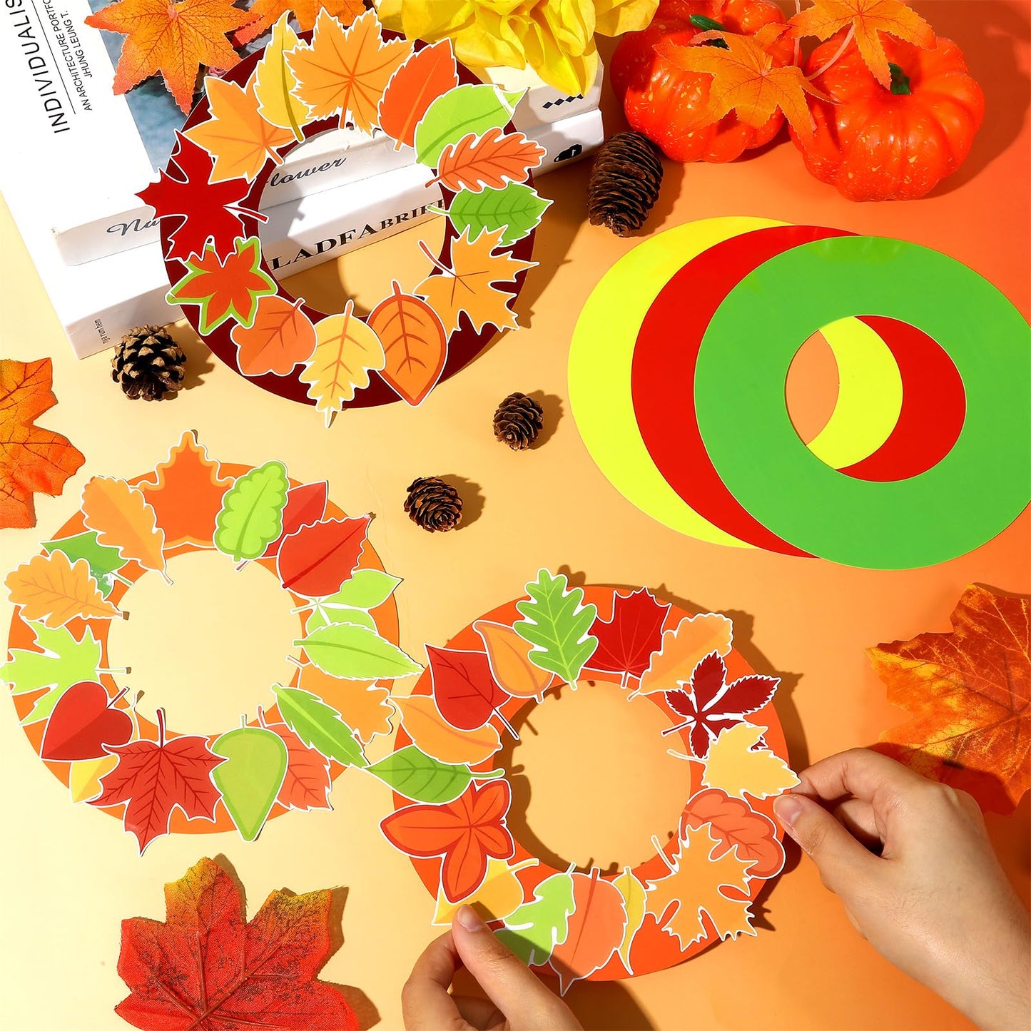 36 Sets Fall Wreath Craft Kits for Kids DIY Autumn Maple Leaves Paper Wreath Hanging Ornaments Make Your Own Thanksgiving Paper