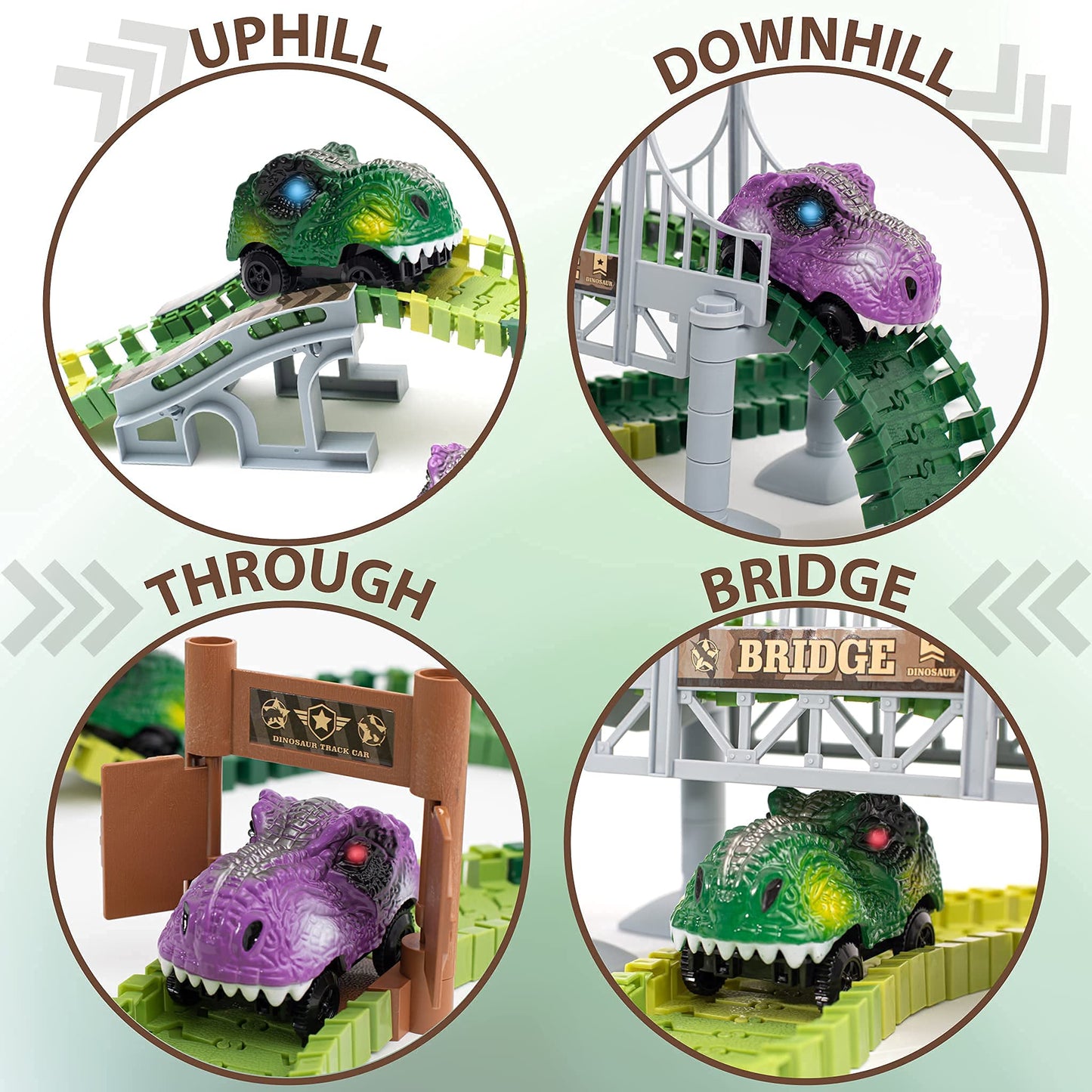 Toyli Dinosaur Race Track Set 182 Pieces, Dino Track Flexible Dinosaur Road Race Playset With Bridge, Ramps, Dinosaur Track Toy