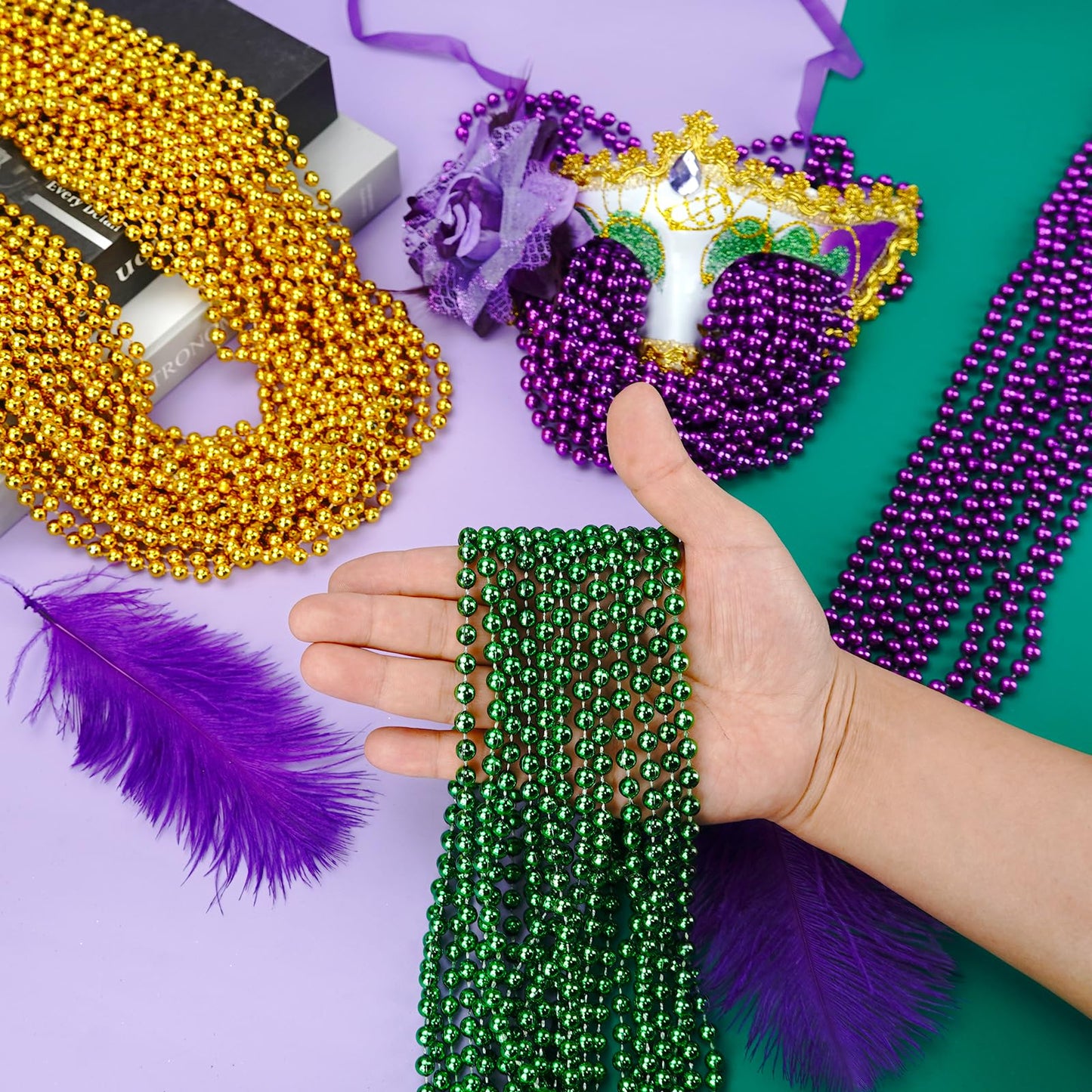 SHAOQINLIN Mardi Gras Beads, 24Pcs Mardi Gras Beads Necklaces 33'' 7 mm Metallic Gold Green Purple Bead Necklaces Mardi Gras Dec