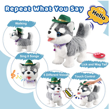Walking Husky Barking Dog Toy For Child Kid Licking Talking Dog With Leash, Interactive Puppy That Barks Tail Wagging Plush Robo