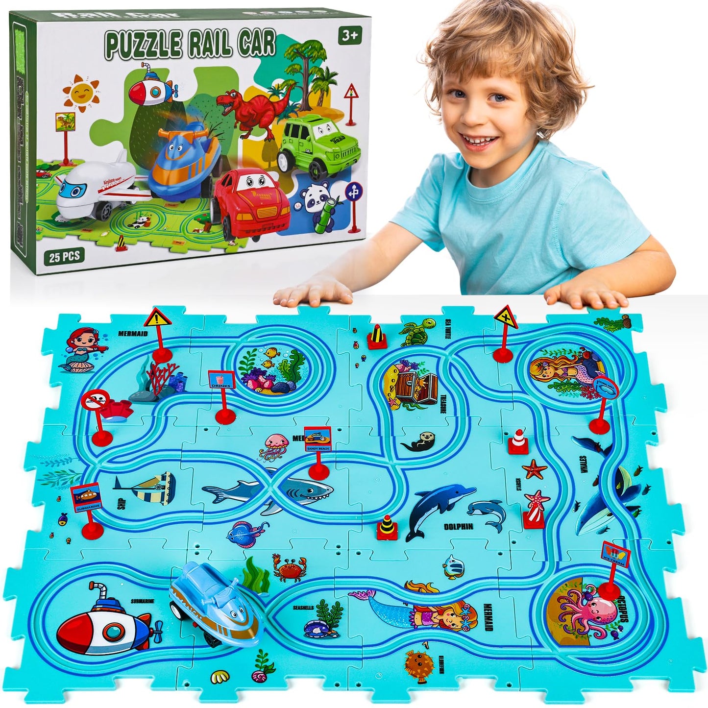25Pcs Puzzle Racer Kids Car Track Set, Rail Car Puzzle Track Ocean Themed Series, Puzzle Track Car Play Set, Toddler Puzzle Trac