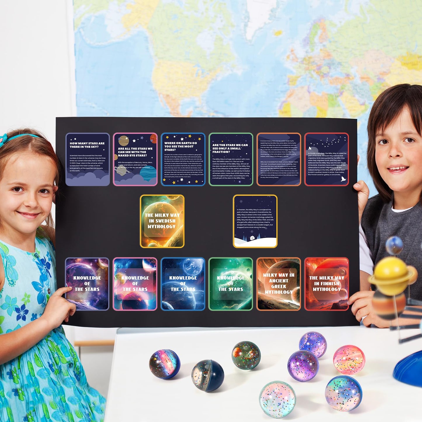 Pllieay 16Pcs Solar System For Kids Galaxy Space Toys, 45Mm Bouncy Balls Bulk And Galaxy Flashcards For Kids Party Favors, Educational Toys, Space Toys For Kids