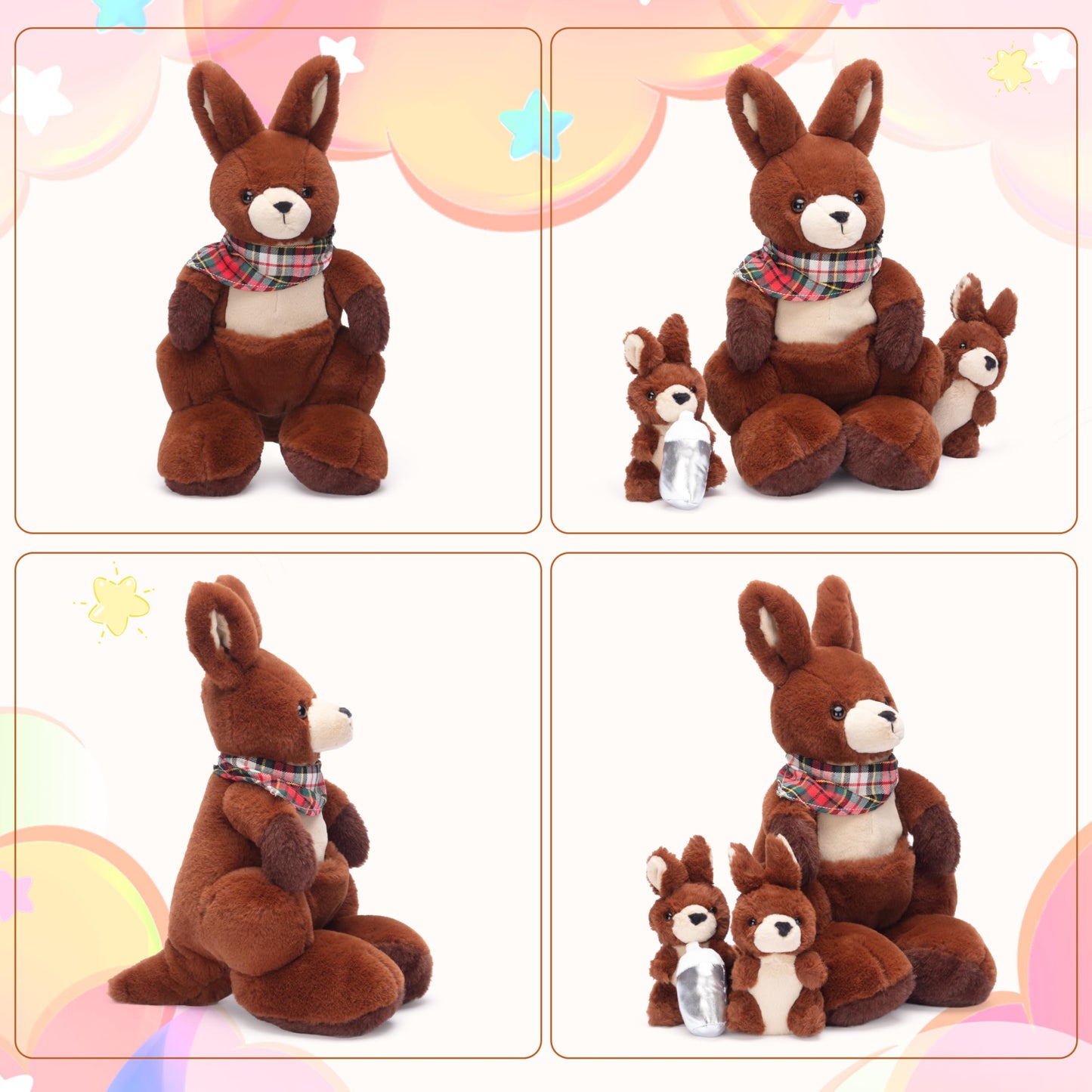 Ikasa Mommy Kangaroo Stuffed Animal Mom And Baby Plush Toy, Cute 15.5'' Soft Cuddly Family Set With Little Mini Babies,Gifts For