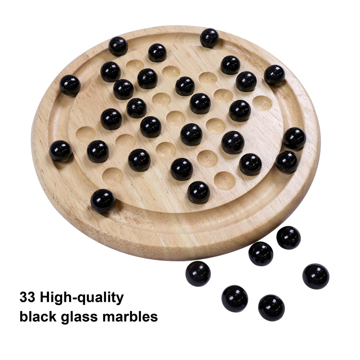 Offelec Wooden Solitaire Board Game - Classic One Player Strategy Puzzle with 33 Black Glass Marbles, Fun for Kids & Adults, Birthday Gift