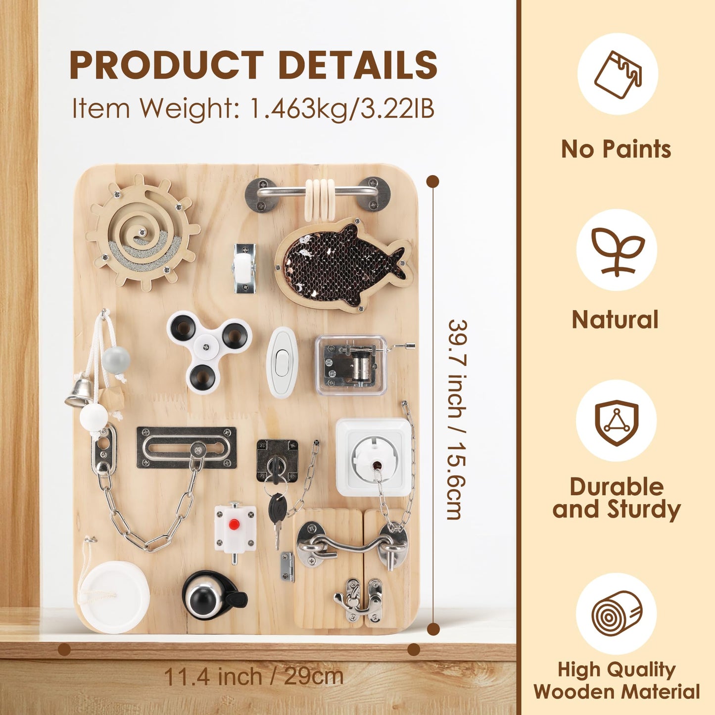 Pithfor Wooden Montessori Busy Board For 1 2 3 4 Year Old, Montessori Sensory Activity Board Toys For Kids Toddler Baby Boys Gir