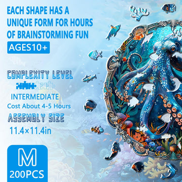 Wooden Puzzles for mature-themeds Mystic Tentacles Wooden Jigsaw Puzzle Wood Puzzles mature-themed Unique Shaped Octopus Puzzle for mature-themeds Fun Gifts & Home Decor (M-11.4 * 11.4in - 200 pcs)