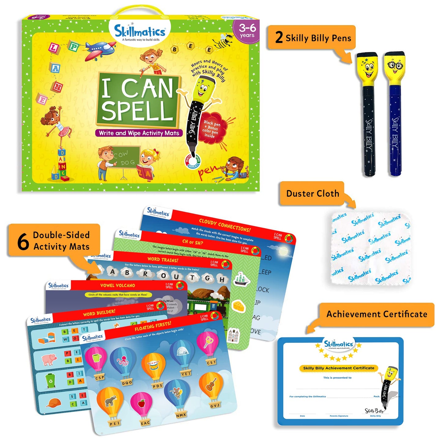 Skillmatics Educational Game - I Can Spell, Reusable Activity Mats With 2 Dry Erase Markers, Gifts For Ages 3 To 6