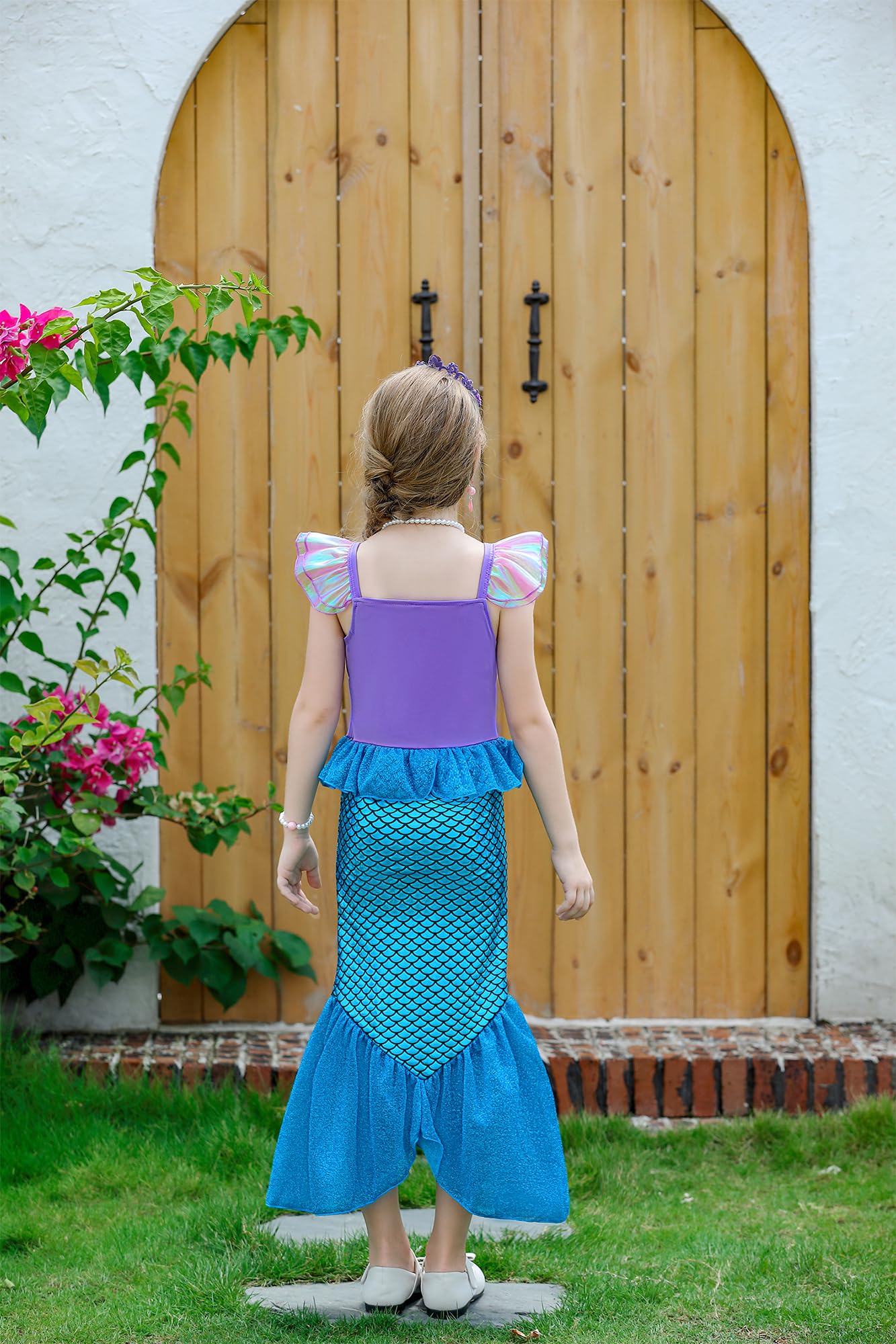 Aukidwld Little Girls Mermaid Costume Dress up Cosplay with bag accessories Halloween Christmas Birthday Gift 6-8Years