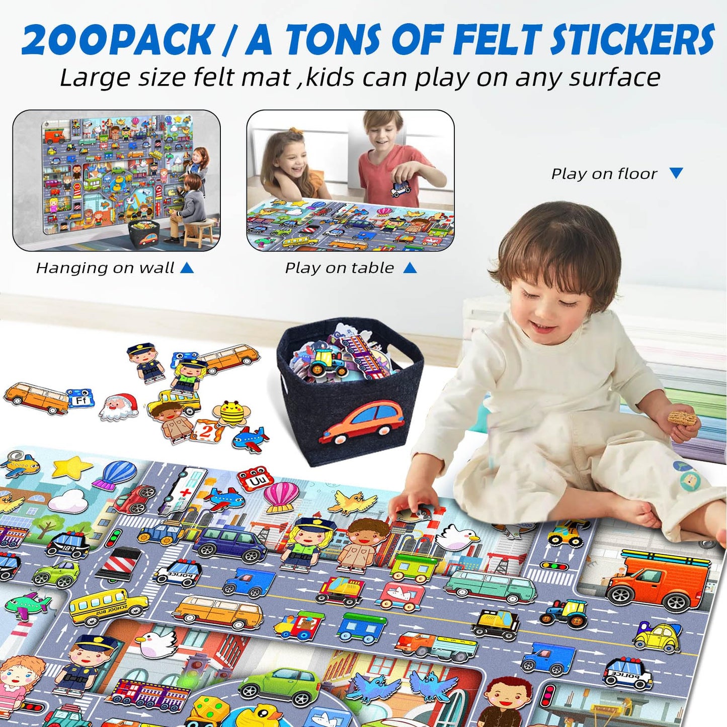200 PCS Felt Board Story Set for Toddlers with Storage Bag City Traffic Themed Flannel Sensory Board Wall Interactive Storytelli