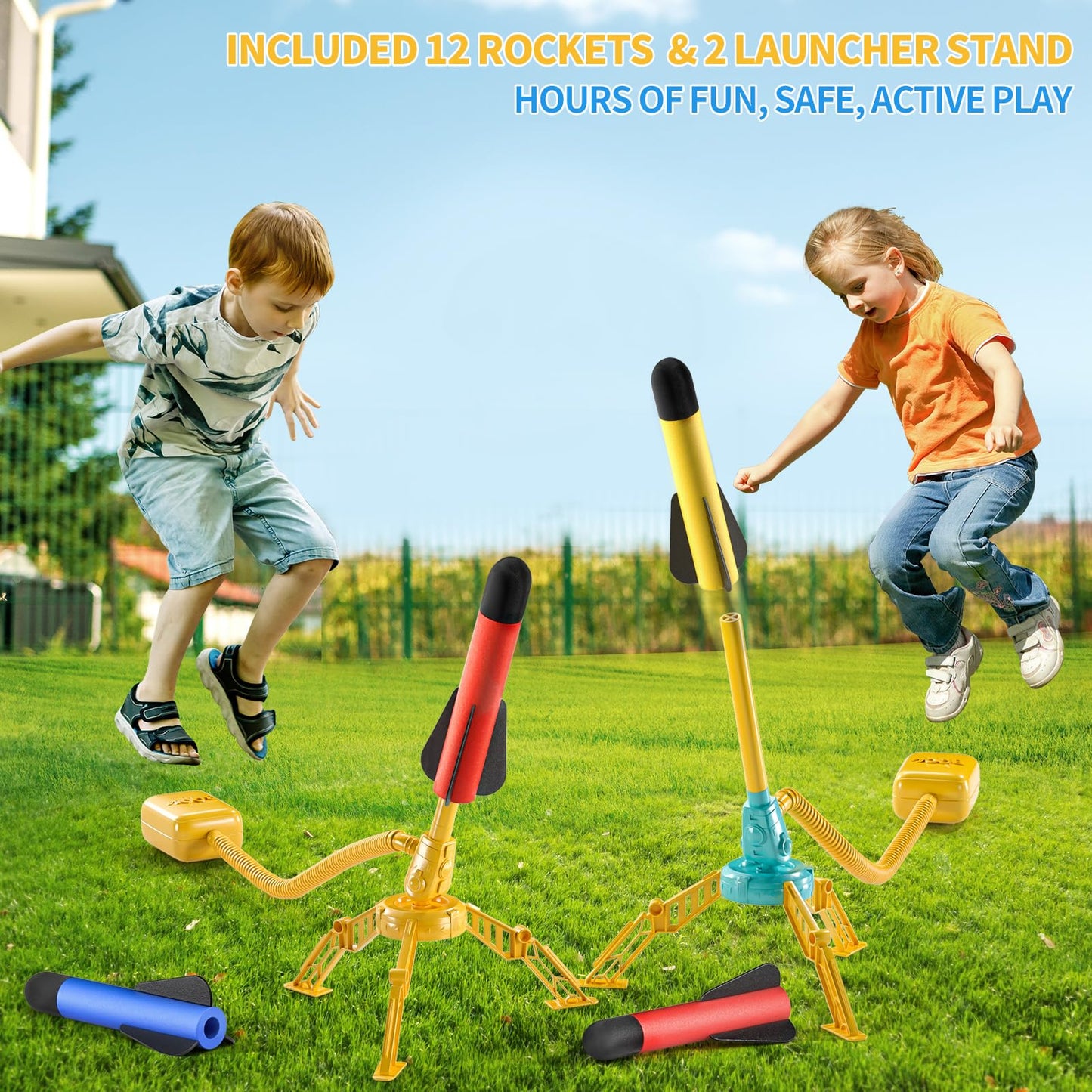 Temi 2 Pack Rocket Launcher For Kids, 12 Foam Rockets And 2 Launcher Pad, Launch Up To 100+Ft, Kids Outdoor Toys, Birthday Gift