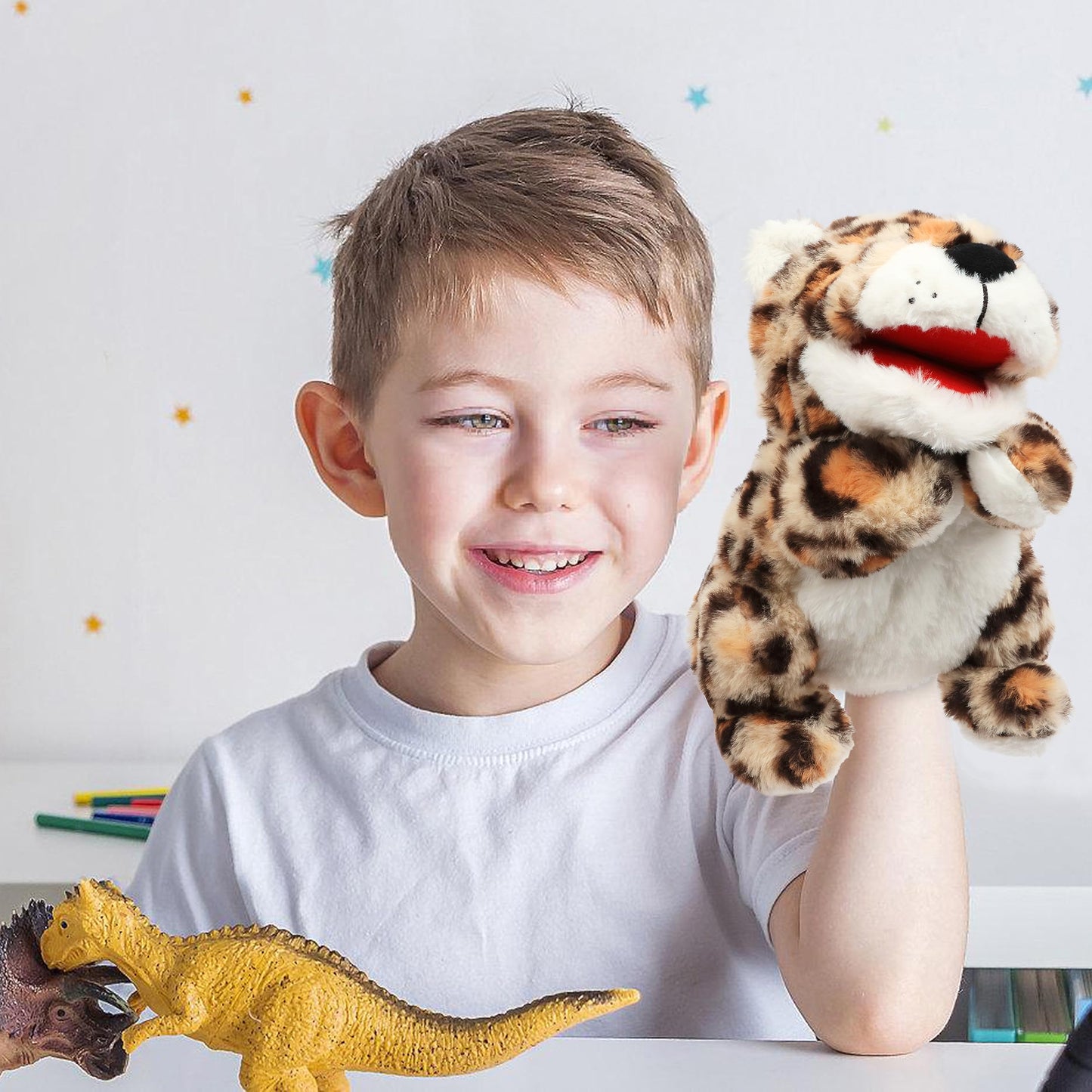 Cuteoy Plush Cheetah Hand Puppet Stuffed Animal Toy Open Movable Mouth Creative Role Play Storytelling Plushies Gifts For Kids Toddlers Birthday Christmas