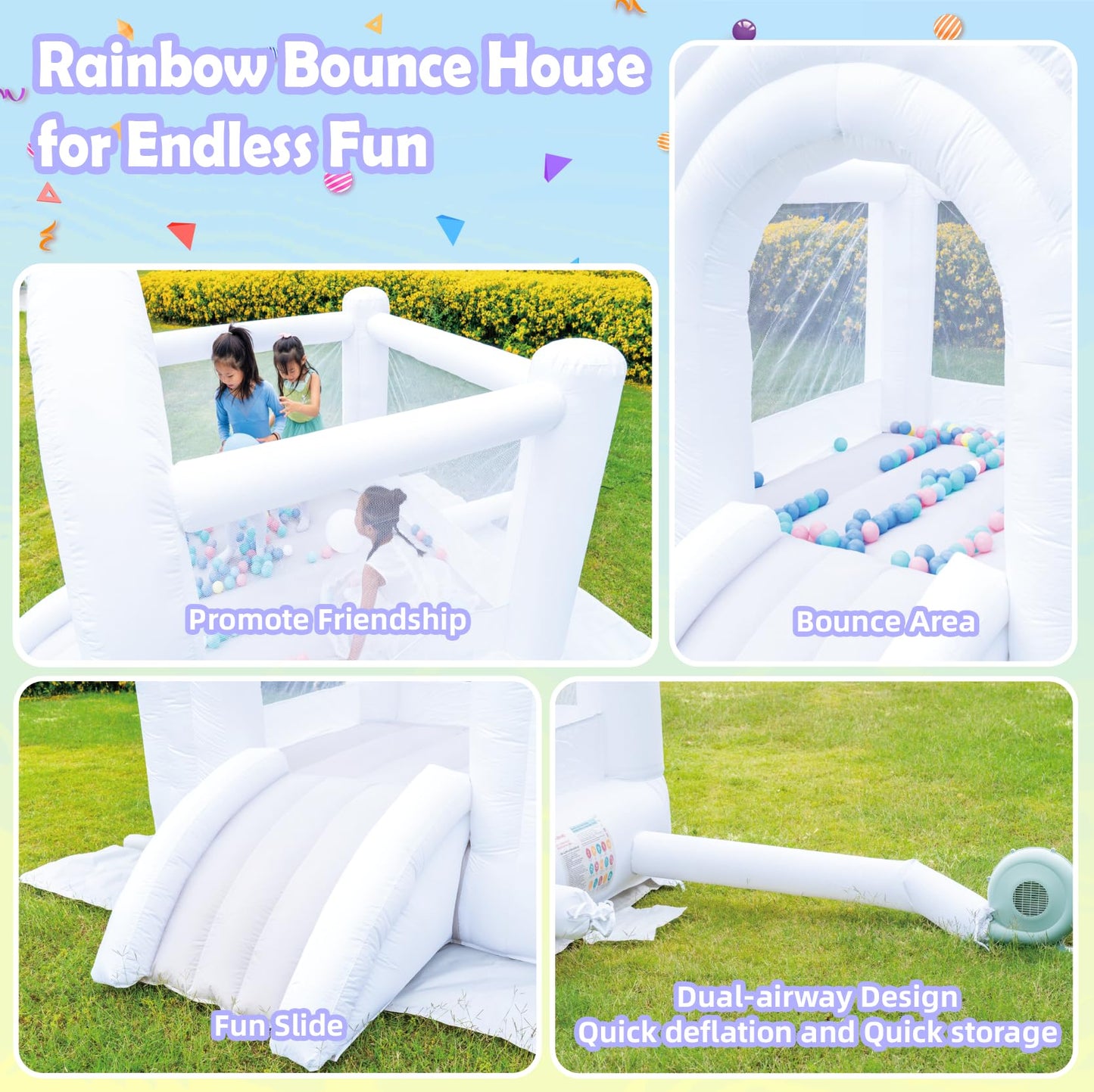 Hapyboucy Magic Rainbow Bounce House, White Bounce House With Slide, Blower Included, Kids Bouncy Castle Indoor Outdoor, 8 Ft L