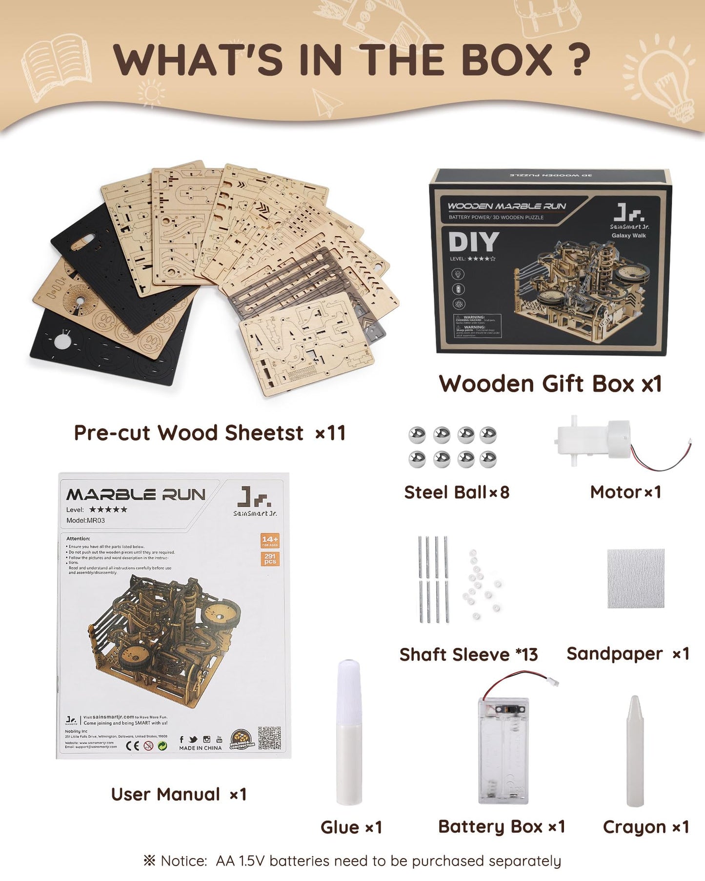 Sainsmart Jr. 3D Wooden Puzzles For Adults, Electric Marble Run Building Kit, Wooden Model Kits Spaceport, Creative Gifts For Teens Ages 14+ (Galaxy Walk)