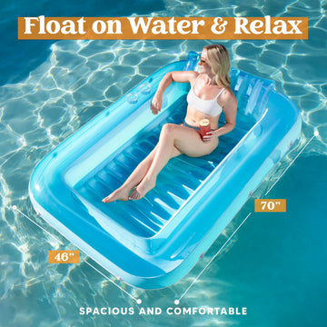 Sloosh Inflatable Tanning Pool Lounge Float 70 x 46 Suntan Tub Raft Floatie Tanning Pool with Pillow Personal Pool Lounger for mature-themed Summer Water Party L-Blue